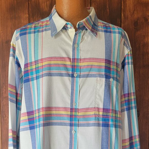 Club Room Men XXL Madras Plaid Shirt 100% Cotton Button Down Collar Long Sleeve - Picture 2 of 11